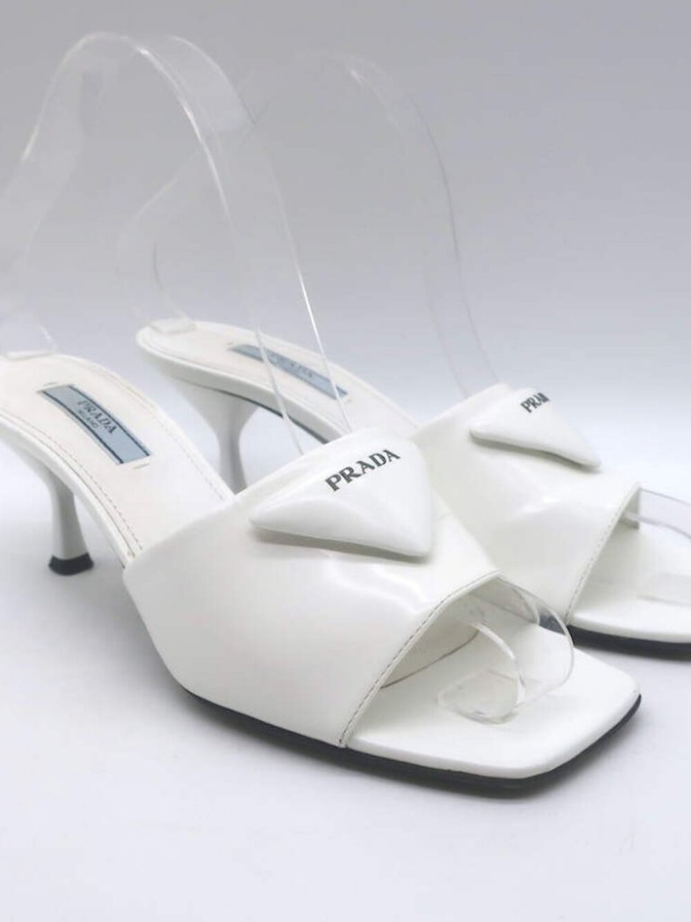 Prada Triangle Logo Kitten Heel Mule Sandals White Brushed Leather Size 36.5